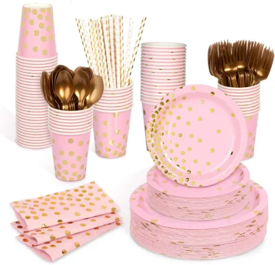 핑크와 골드 생일 파티 용품을 위한 파티 접시와 빨대를 포함하여 50명을 위한 Decorlife 핑크 종이 접시, 총 400개